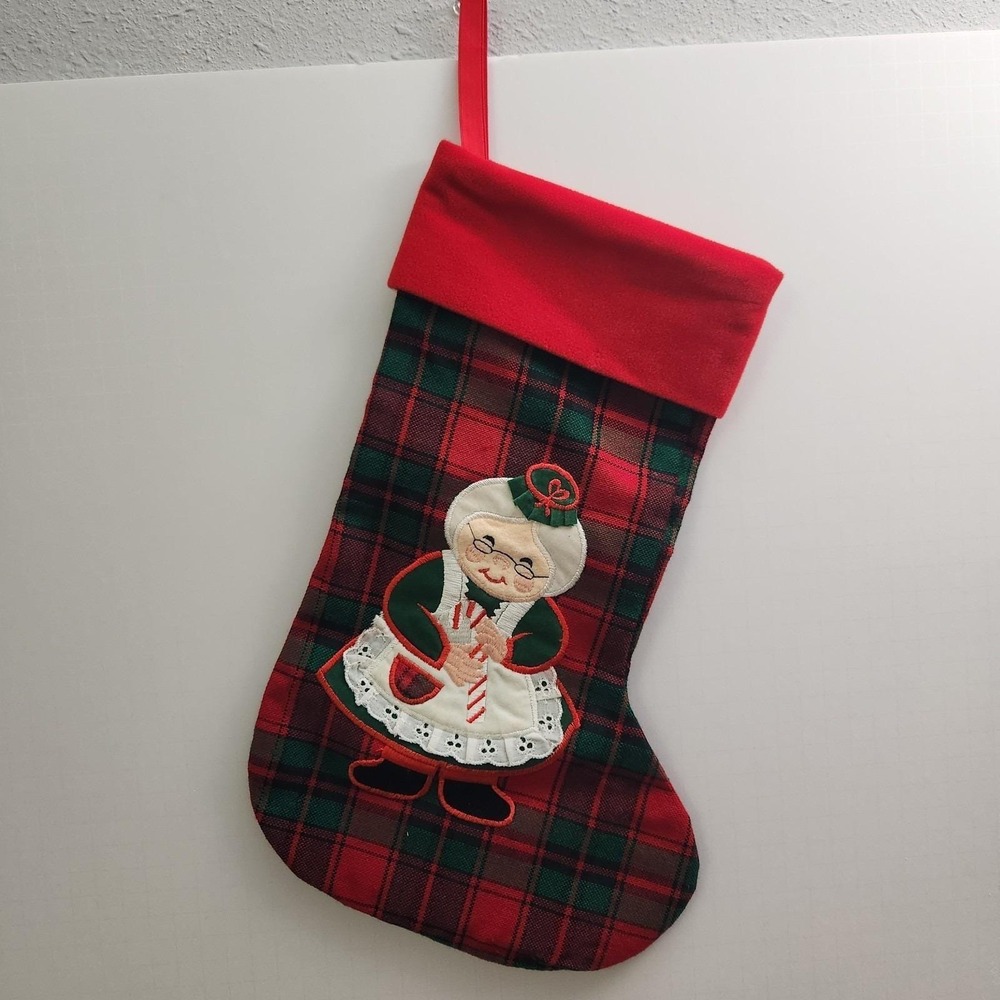 Vintage Mrs Claus Christmas Stocking Red Green Plaid Applique Avon Santa Holiday